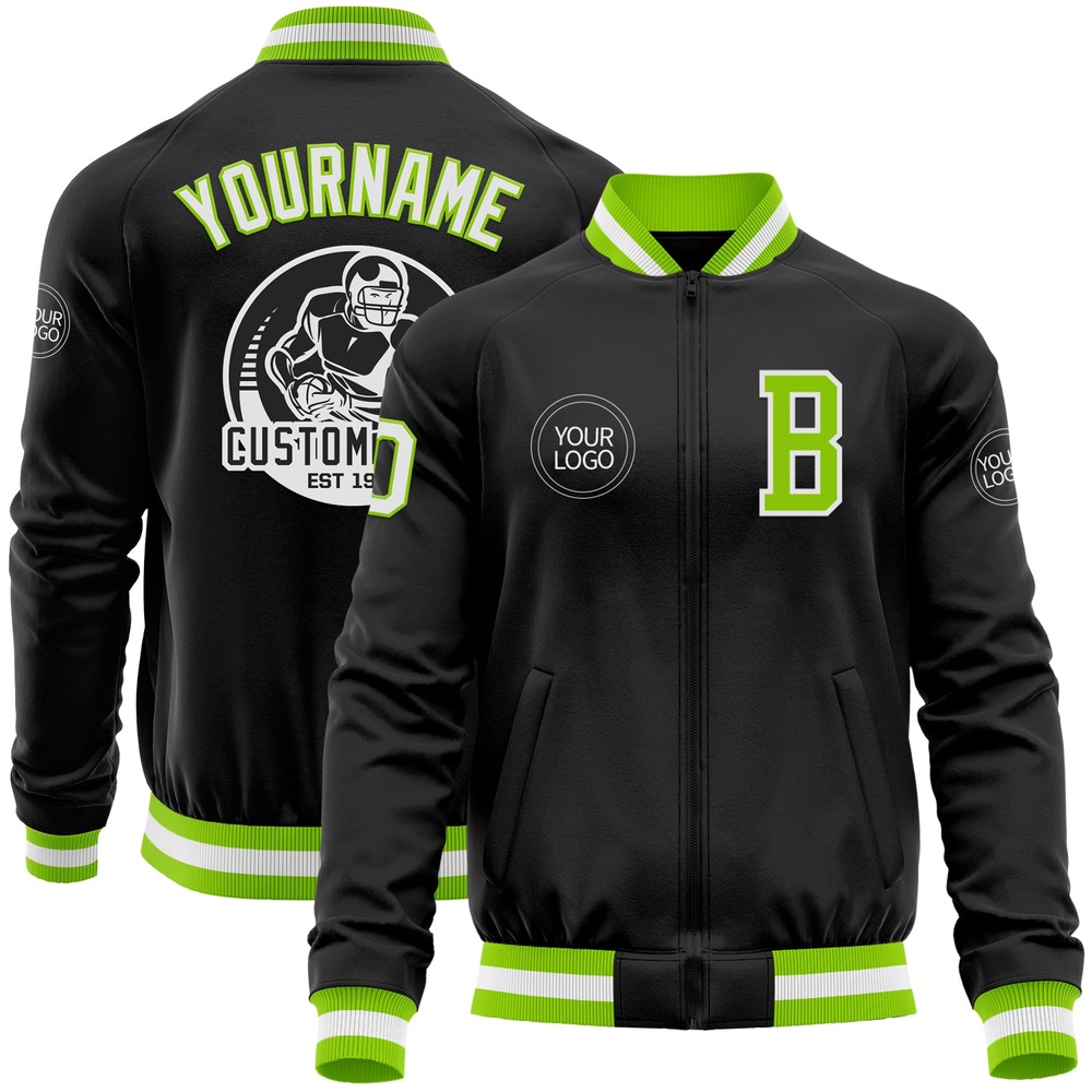 Custom Black Neon Green White Bomber Varsity Letterman Zipper Jacket, Custom Team Jacket