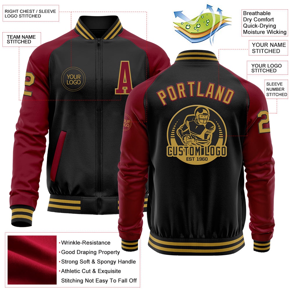 Custom Black Old Gold Crimson Bomber Varsity Baseball Jacket, Custom Team Jacket