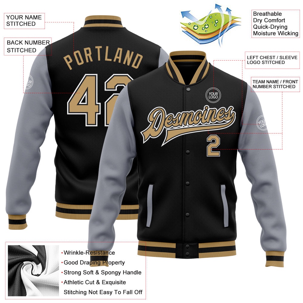 Custom Black Old Gold Gray Bomber Full Snap Varsity Baseball Jacket, Custom Team Jacket