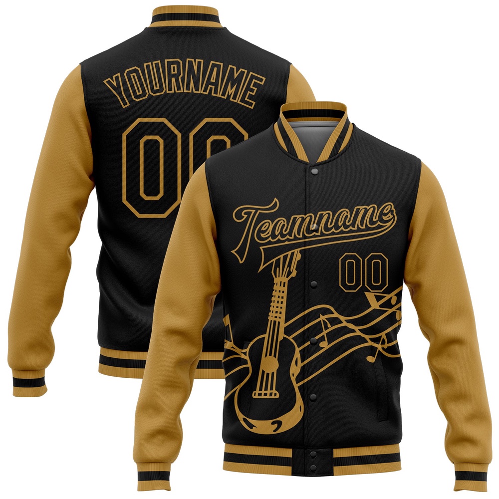 Custom Black Old Gold Guitar Music Festival 3D Pattern Design Bomber Full Snap Baseball Jacket, Custom Team Jacket