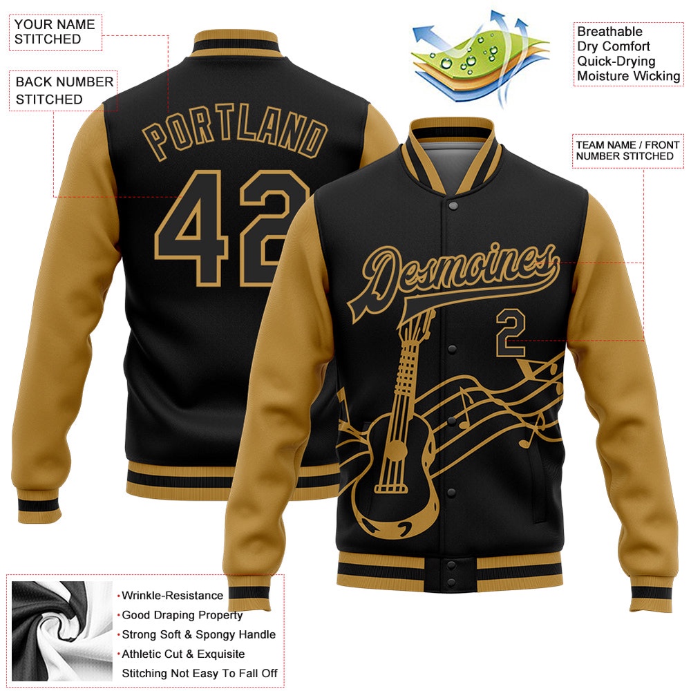 Custom Black Old Gold Guitar Music Festival 3D Pattern Design Bomber Full Snap Baseball Jacket, Custom Team Jacket
