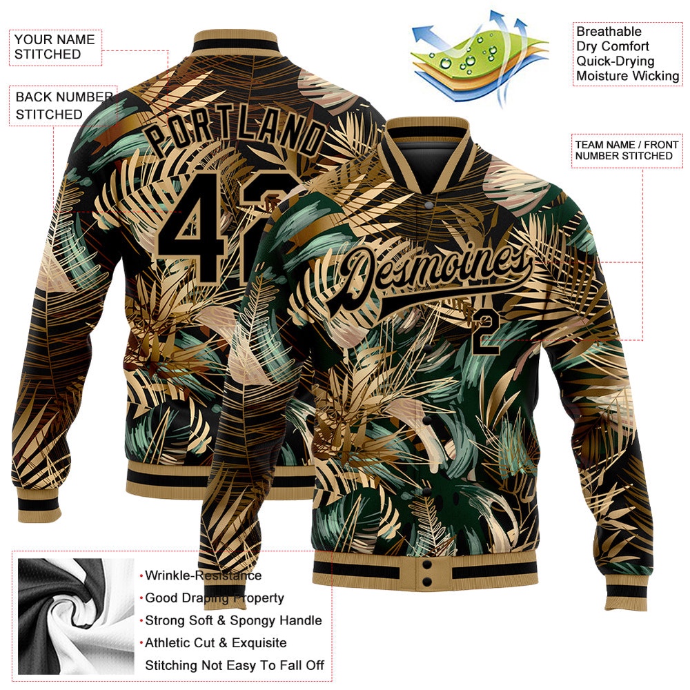Custom Black Old Gold Hawaii Palm Trees 3D Bomber Full Snap Baseball Jacket, Custom Team Jacket