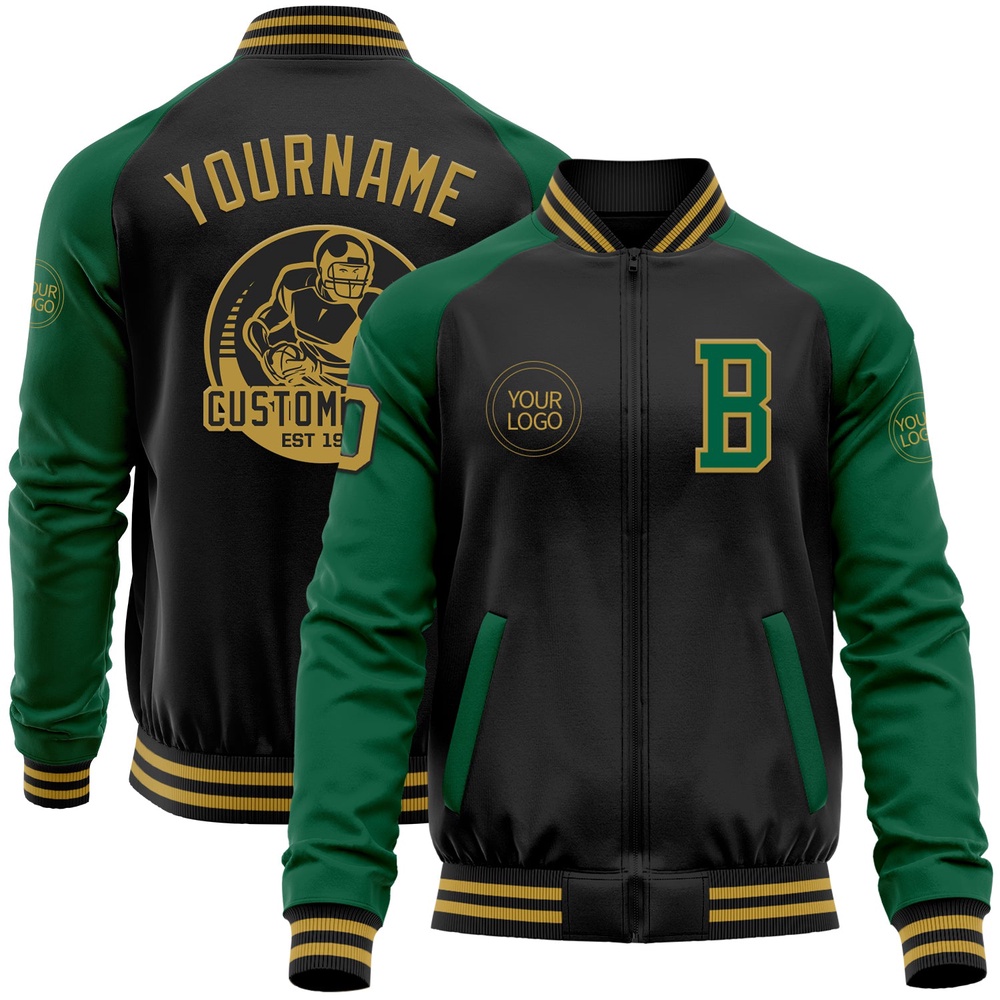 Custom Black Old Gold Kelly Green Bomber Varsity Baseball Jacket, Custom Team Jacket