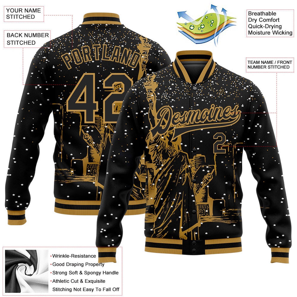 Custom Black Old Gold New York Statue of Liberty 3D Pattern Design Bomber Full Snap Baseball Jacket, Custom Team Jacket