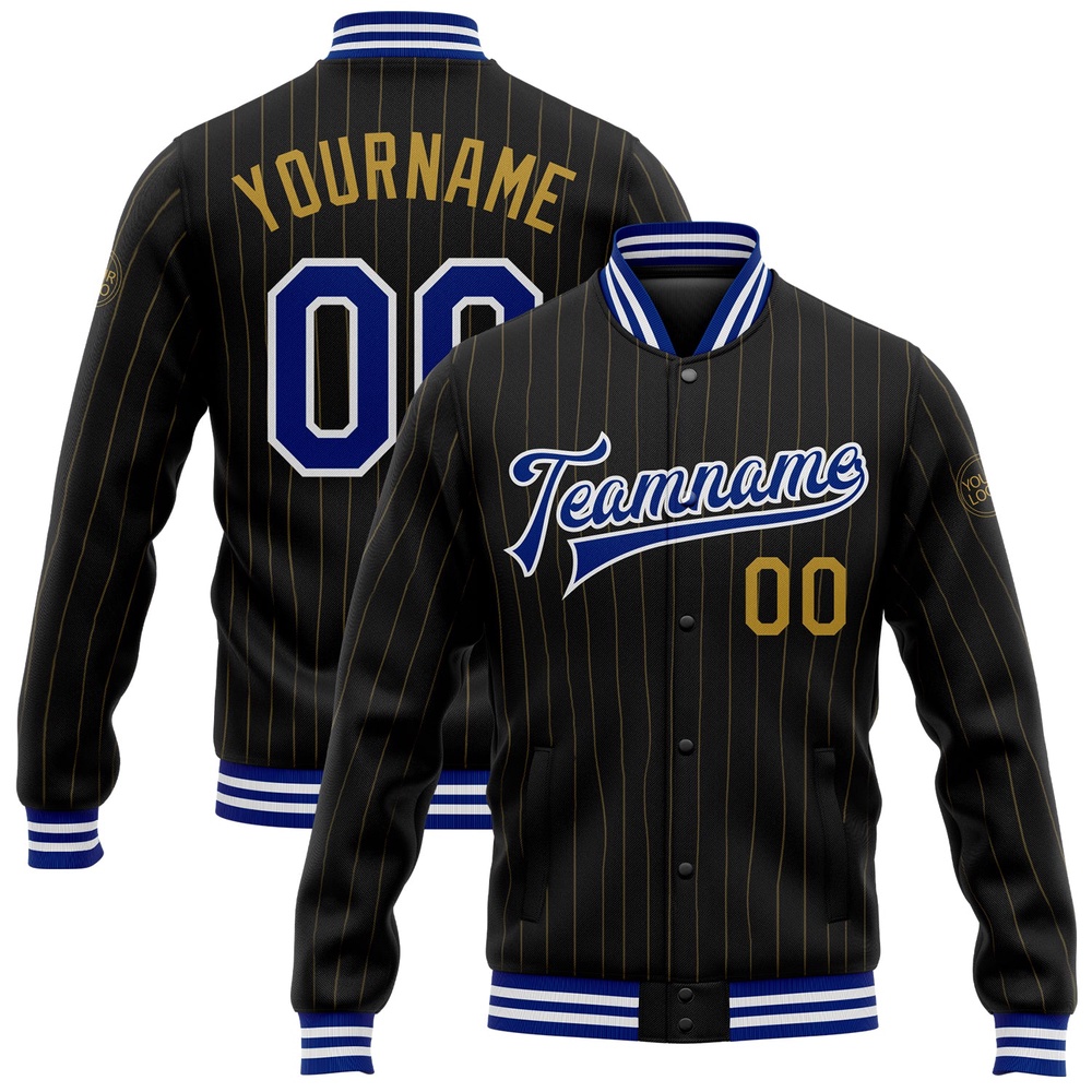 Custom Black Old Gold Pinstripe Royal White Bomber Full Snap Baseball Jacket, Custom Team Jacket
