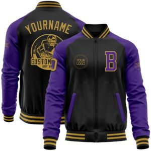 Custom Black Old Gold Purple Bomber Varsity&hellip;