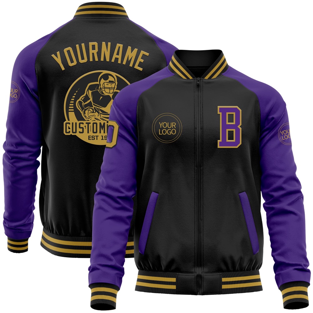 Custom Black Old Gold Purple Bomber Varsity Baseball Jacket, Custom Team Jacket
