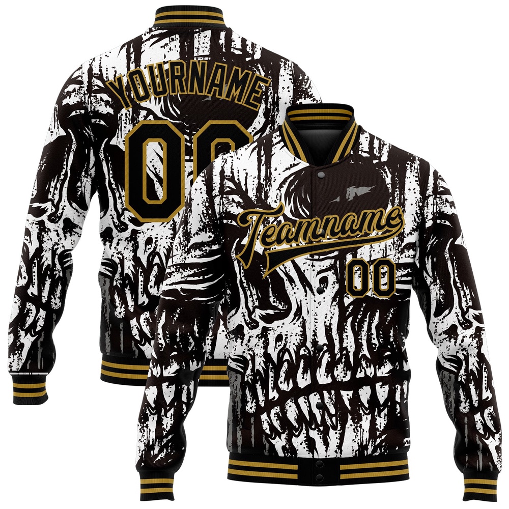 Custom Black Old Gold Skull Fashion 3D Bomber Full Snap Baseball Jacket, Custom Team Jacket