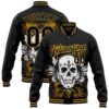Custom Black Old Gold Skull With Butterfly 3D Bomber Full Snap Baseball Jacket, Custom Team Jacket