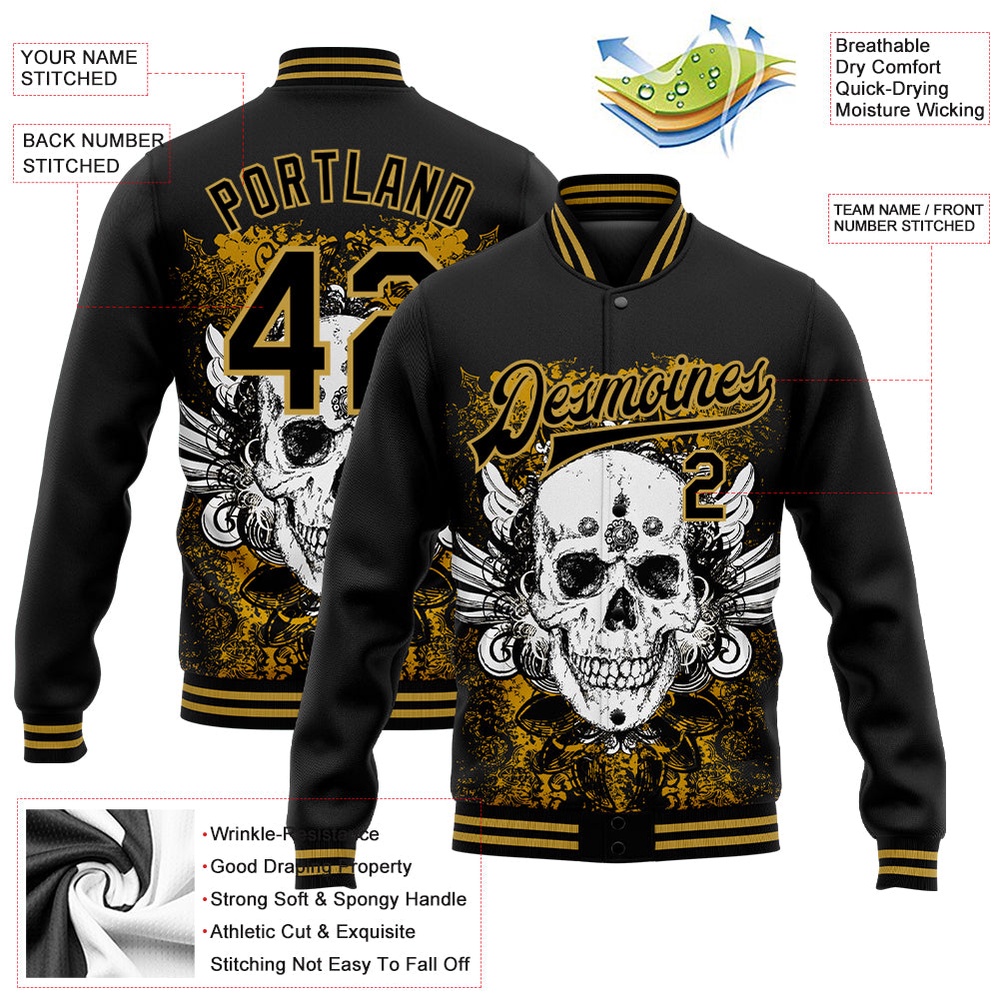 Custom Black Old Gold Skull With Wing 3D Bomber Full Snap Baseball Jacket, Custom Team Jacket