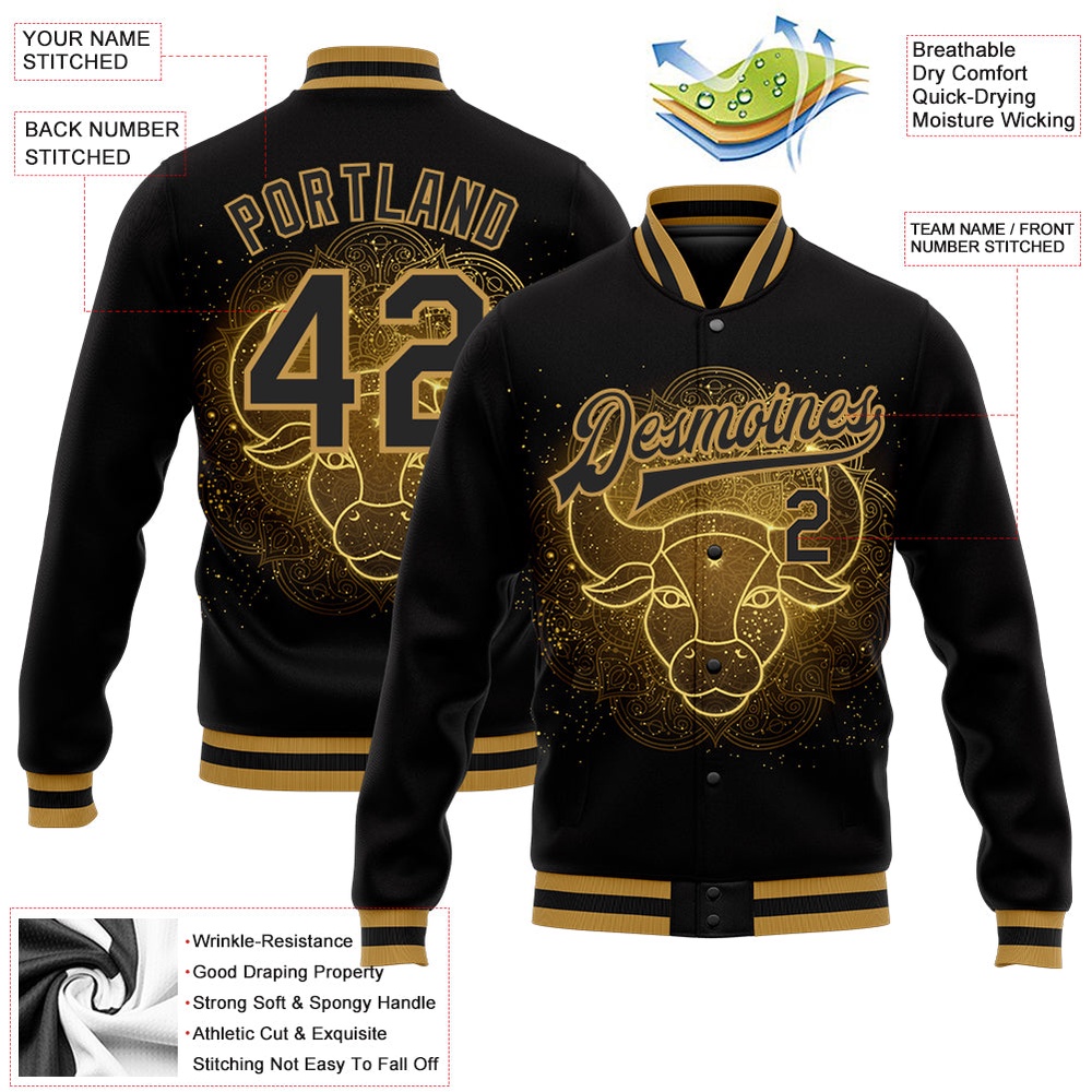 Custom Black Old Gold Taurus 3D Pattern Design Bomber Full Snap Baseball Jacket, Custom Team Jacket