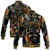 Custom Black Old Gold Taurus 3D Pattern Design Bomber Full Snap Baseball Jacket, Custom Team Jacket