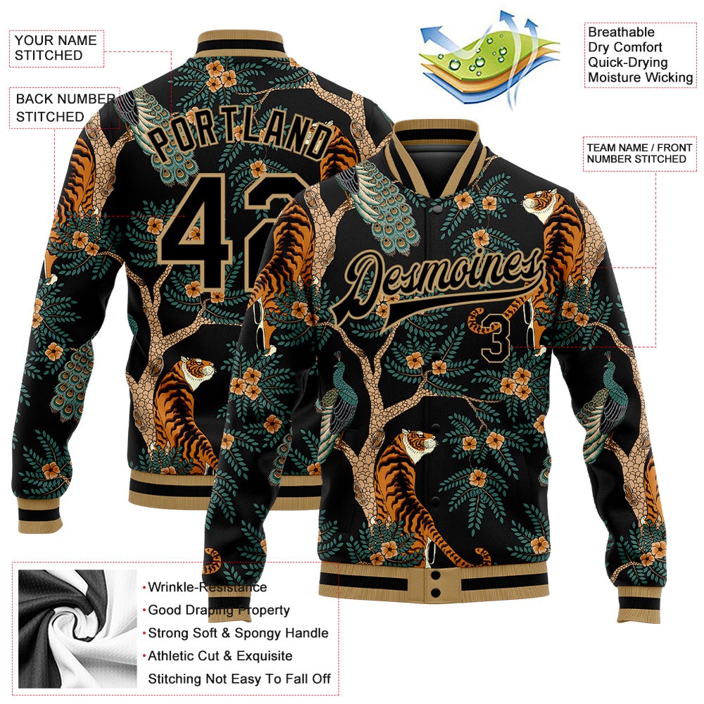 Custom Black Old Gold Tiger And Peacock 3D Pattern Design Bomber Full Snap Baseball Jacket, Custom Team Jacket