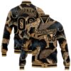Custom Black Old Gold Tiger And Peacock 3D Pattern Design Bomber Full Snap Baseball Jacket, Custom Team Jacket