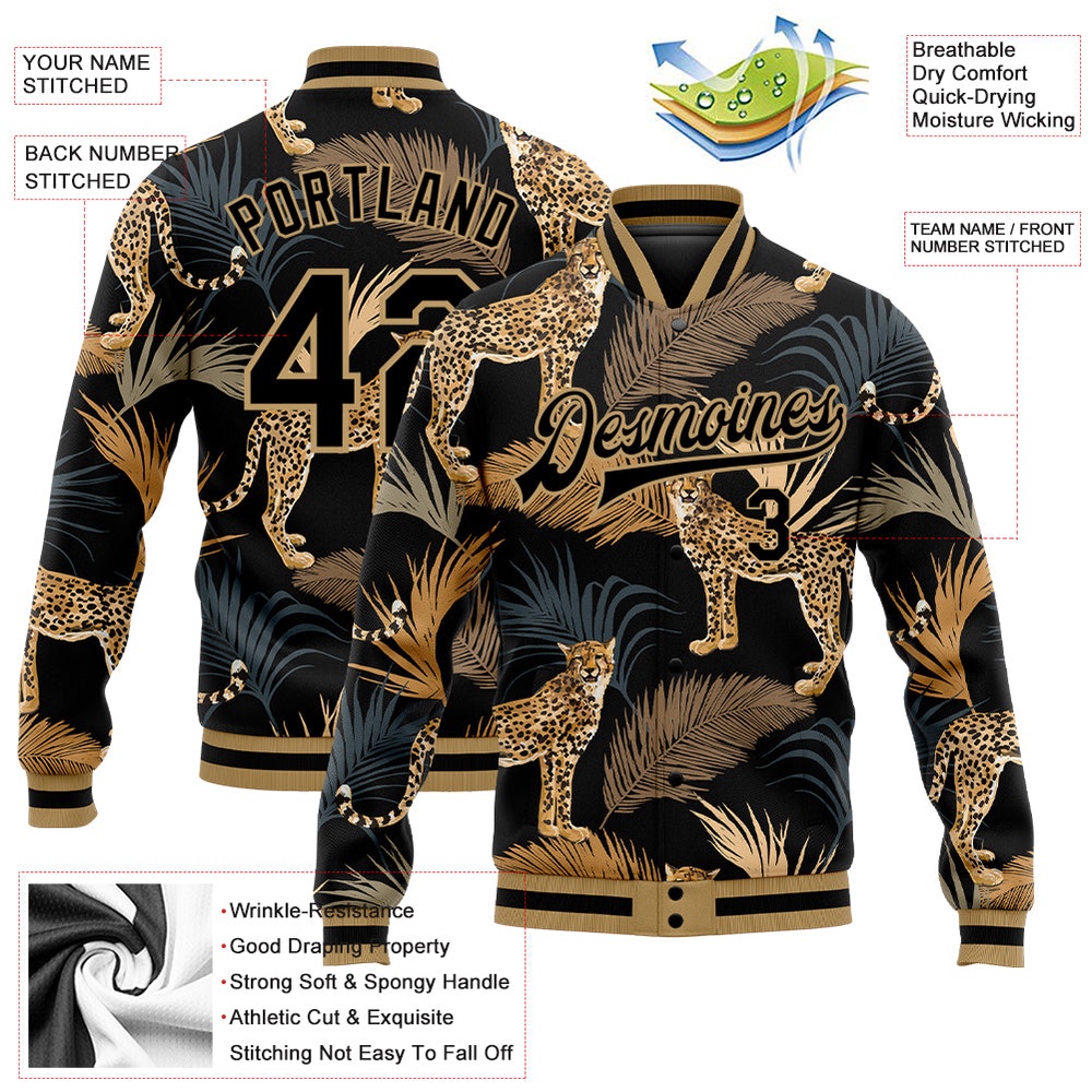 Custom Black Old Gold Tropical Leopard With Palms 3D Pattern Design Bomber Full Snap Baseball Jacket, Custom Team Jacket