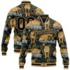 Custom Black Old Gold Tropical Leopard With Palms 3D Pattern Design Bomber Full Snap Baseball Jacket, Custom Team Jacket