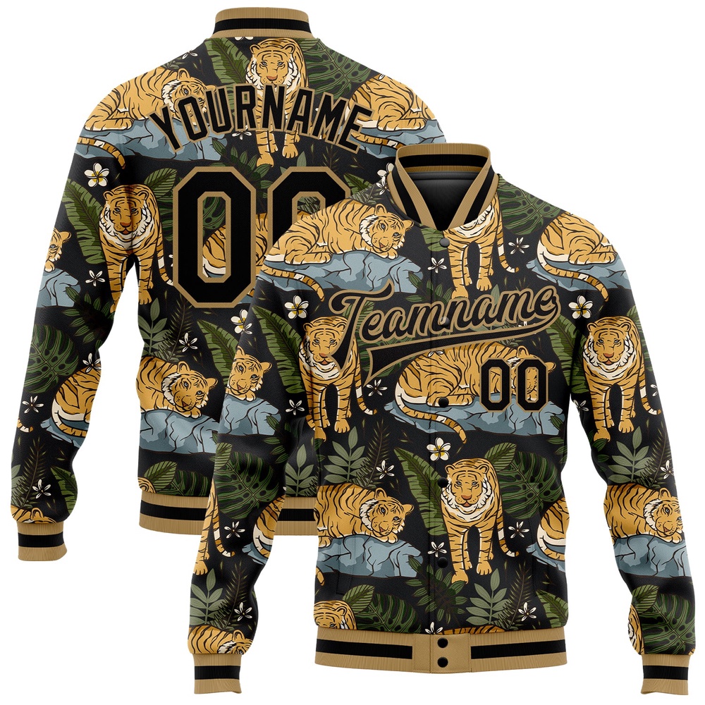 Custom Black Old Gold Tropical Tiger With Palms 3D Pattern Design Bomber Full Snap Baseball Jacket, Custom Team Jacket