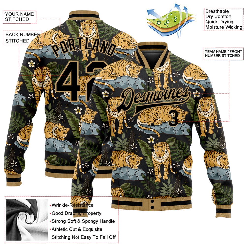Custom Black Old Gold Tropical Tiger With Palms 3D Pattern Design Bomber Full Snap Baseball Jacket, Custom Team Jacket
