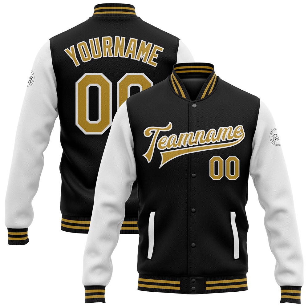 Custom Black Old Gold White Bomber Full Snap Varsity Baseball Jacket, Custom Team Jacket