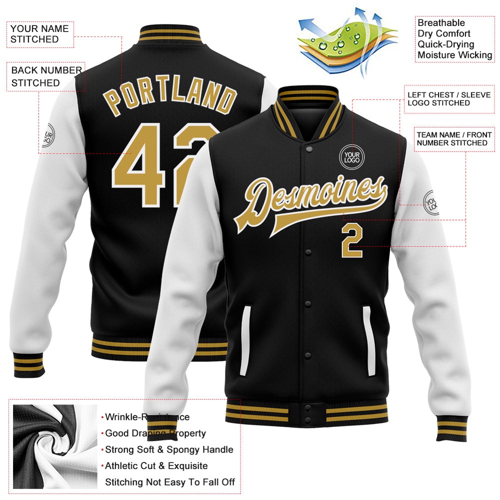 Custom Black Old Gold White Bomber Full Snap Varsity Baseball Jacket, Custom Team Jacket