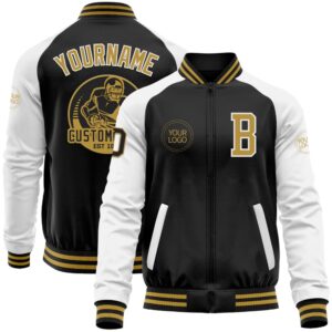 Custom Black Old Gold White Bomber Varsity&hellip;