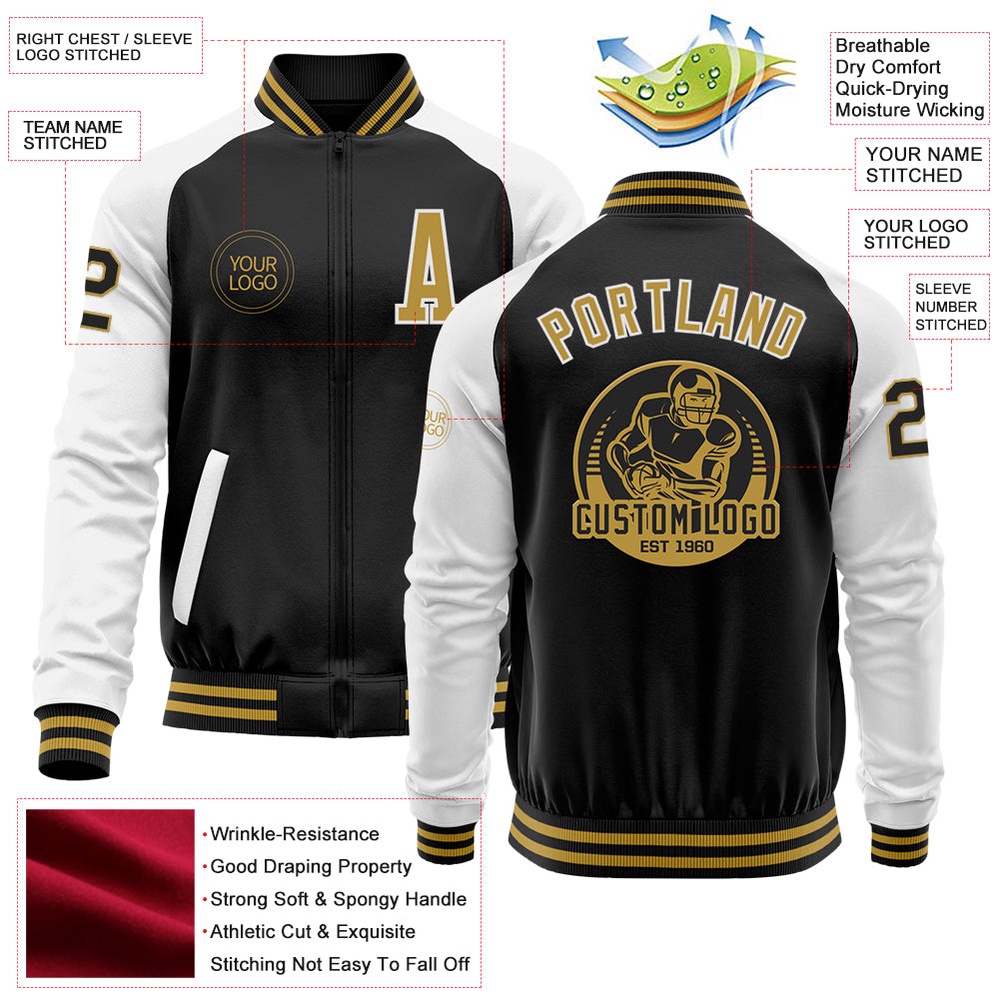 Custom Black Old Gold White Bomber Varsity Baseball Jacket, Custom Team Jacket