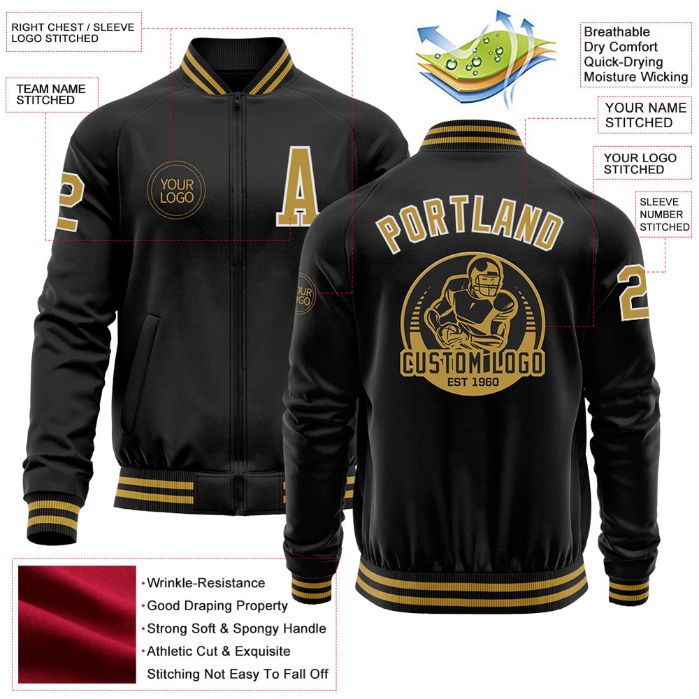 Custom Black Old Gold White Bomber Varsity Letterman Zipper Jacket, Custom Team Jacket