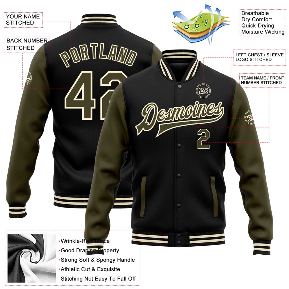 Custom Black Olive Cream Bomber Full Snap Varsity Baseball Jacket, Custom Team Jacket
