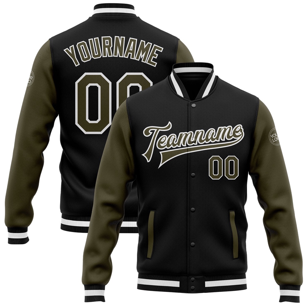 Custom Black Olive White Bomber Full Snap Varsity Baseball Jacket, Custom Team Jacket