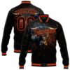 Custom Black Orange Bomber Full Snap Baseball Jacket, Custom Team Jacket