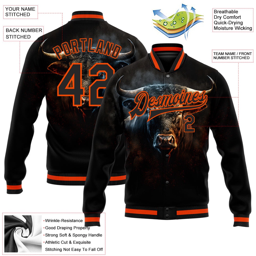 Custom Black Orange Angry Violent Bulls Face 3D Pattern Design Bomber Full Snap Baseball Jacket, Custom Team Jacket