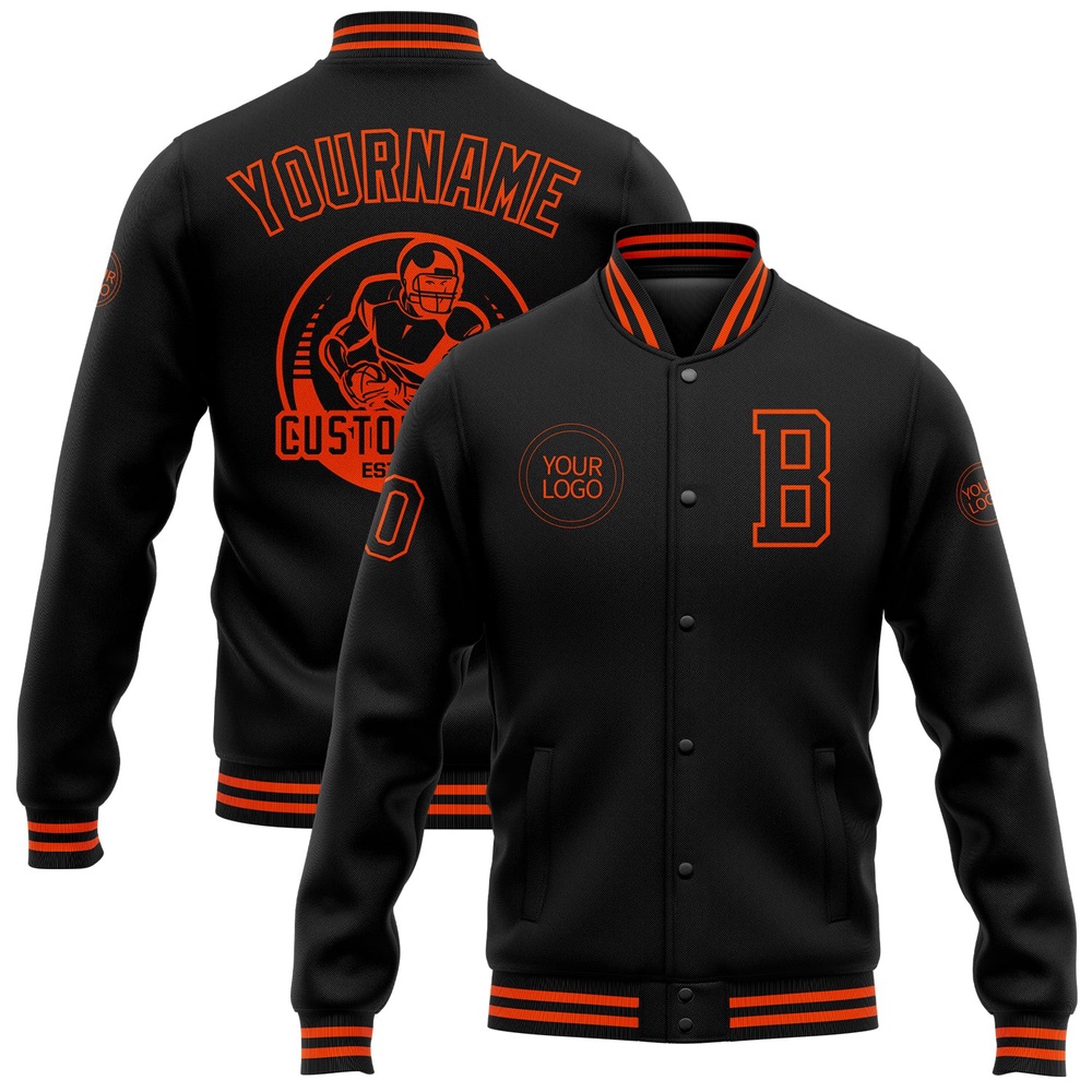 Custom Black Orange Bomber Full Snap Baseball Jacket, Custom Team Jacket