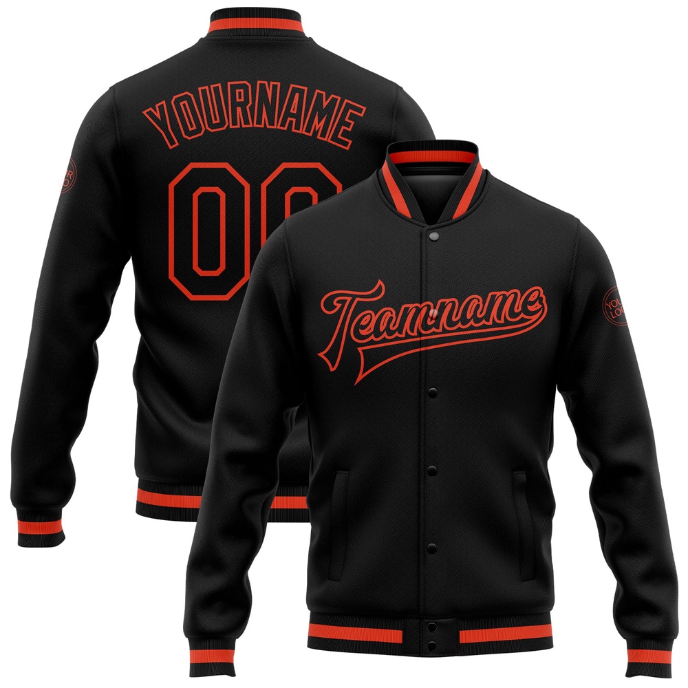 Custom Black Orange Bomber Full Snap Baseball Jacket, Custom Team Jacket