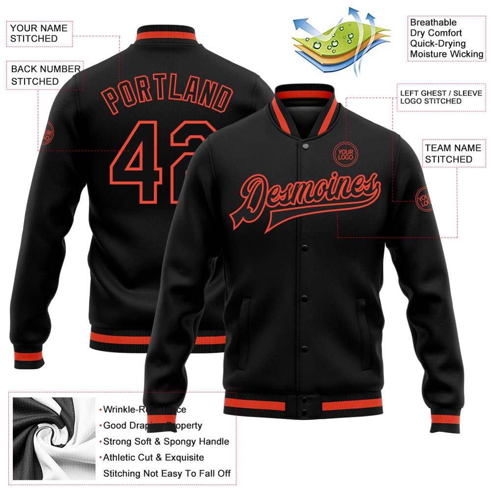 Custom Black Orange Bomber Full Snap Baseball Jacket, Custom Team Jacket