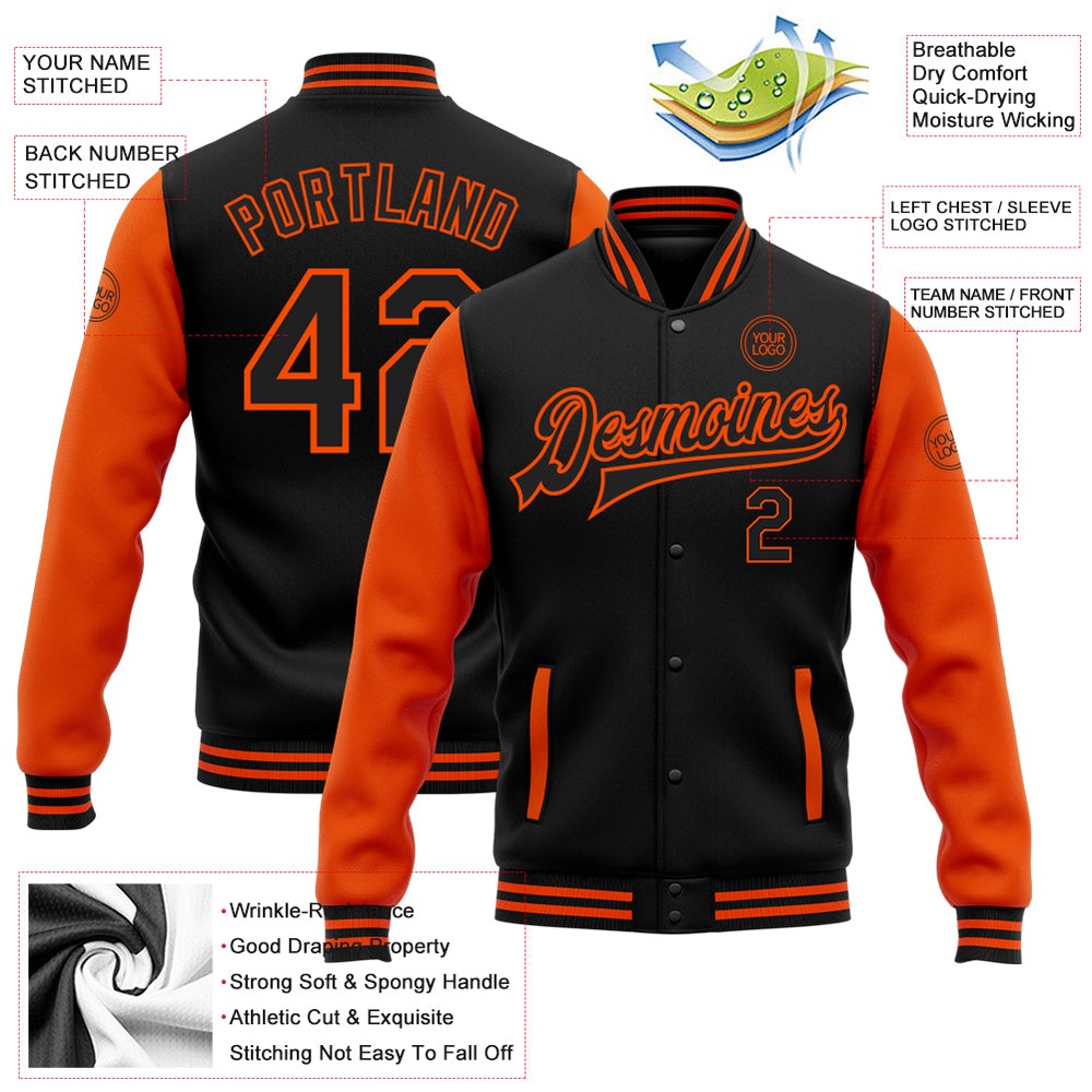 Custom Black Orange Bomber Full Snap Varsity Baseball Jacket, Custom Team Jacket
