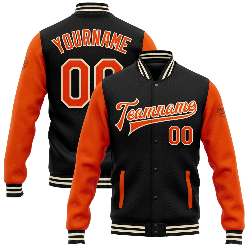 Custom Black Orange Cream Bomber Full Snap Varsity Baseball Jacket, Custom Team Jacket