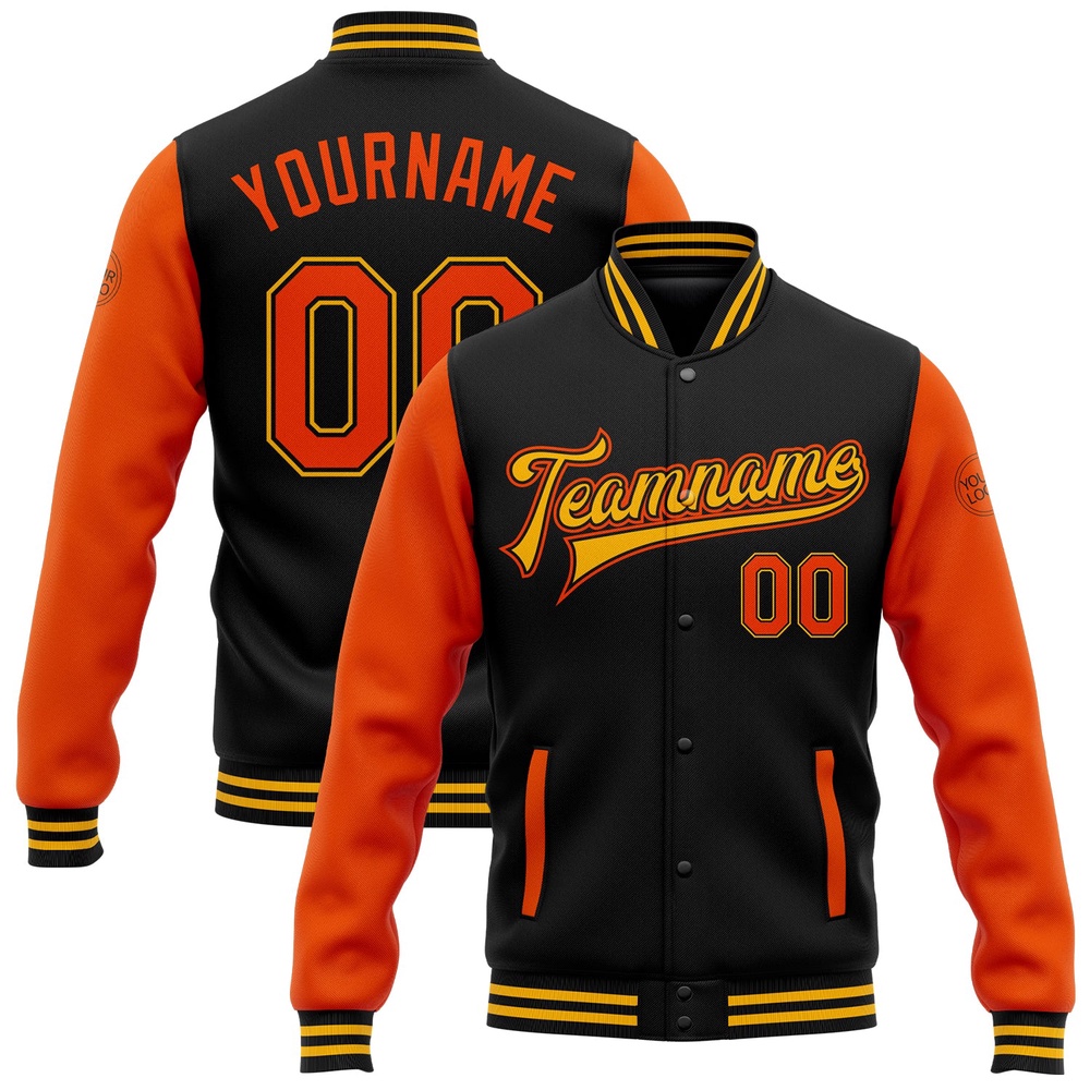 Custom Black Orange Gold Bomber Full Snap Varsity Baseball Jacket, Custom Team Jacket
