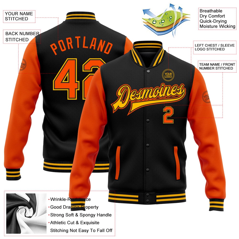 Custom Black Orange Gold Bomber Full Snap Varsity Baseball Jacket, Custom Team Jacket