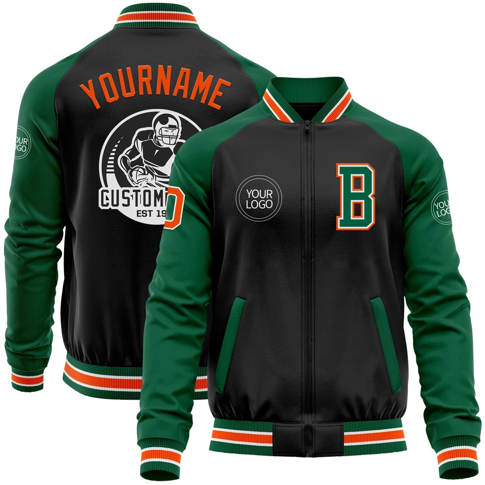 Custom Black Orange Kelly Green Bomber Varsity Baseball Jacket, Custom Team Jacket