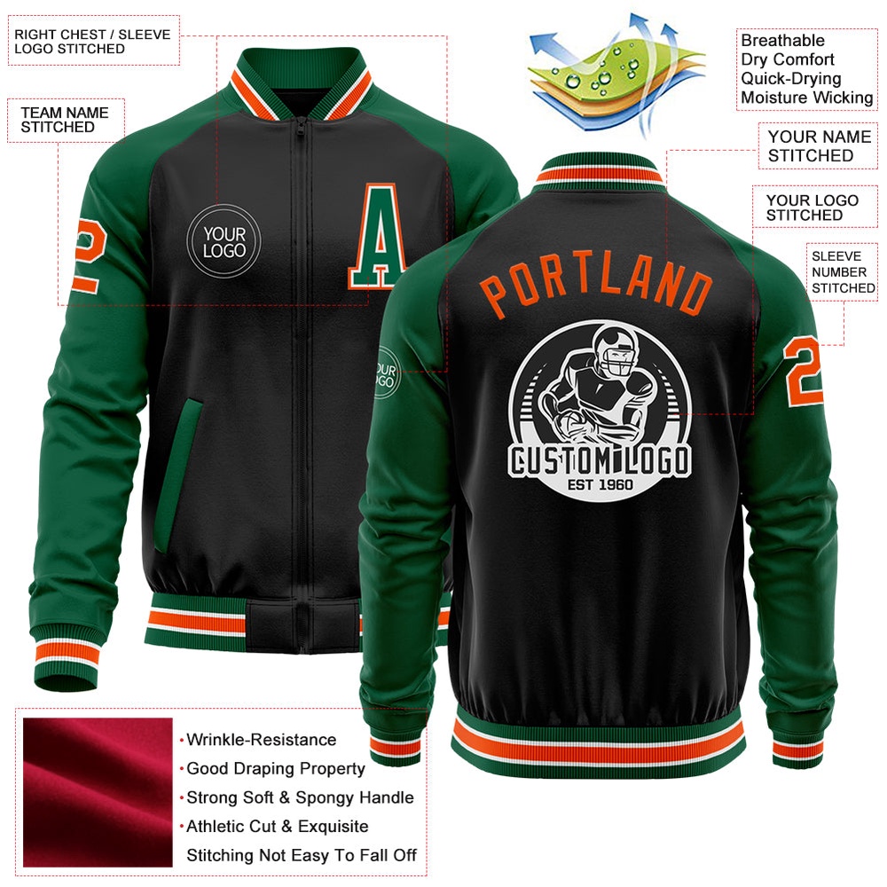 Custom Black Orange Kelly Green Bomber Varsity Baseball Jacket, Custom Team Jacket