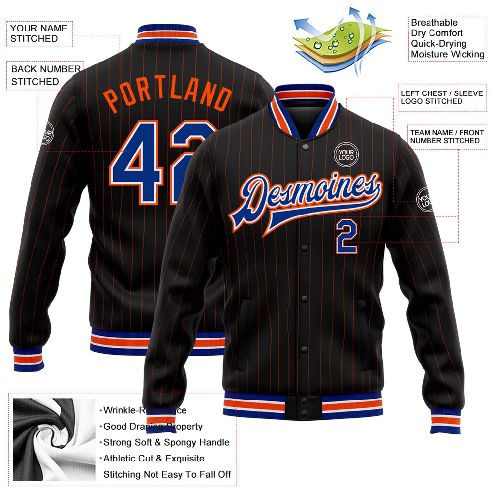 Custom Black Orange Pinstripe Royal White Bomber Full Snap Baseball Jacket, Custom Team Jacket