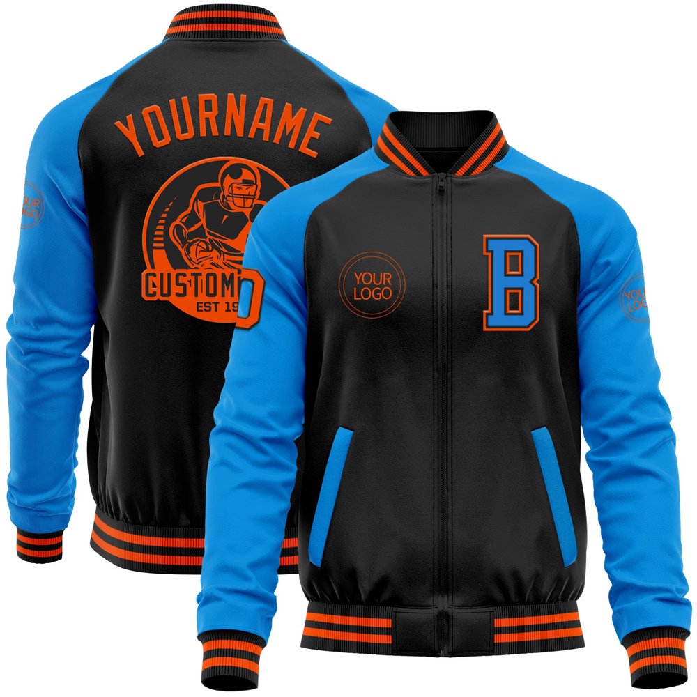 Custom Black Orange Powder Blue Bomber Varsity Baseball Jacket, Custom Team Jacket