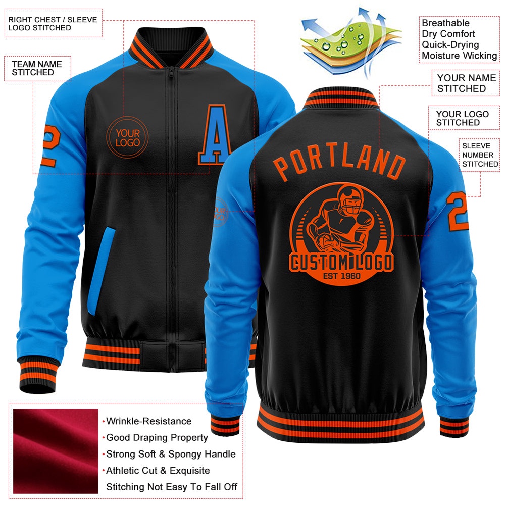 Custom Black Orange Powder Blue Bomber Varsity Baseball Jacket, Custom Team Jacket