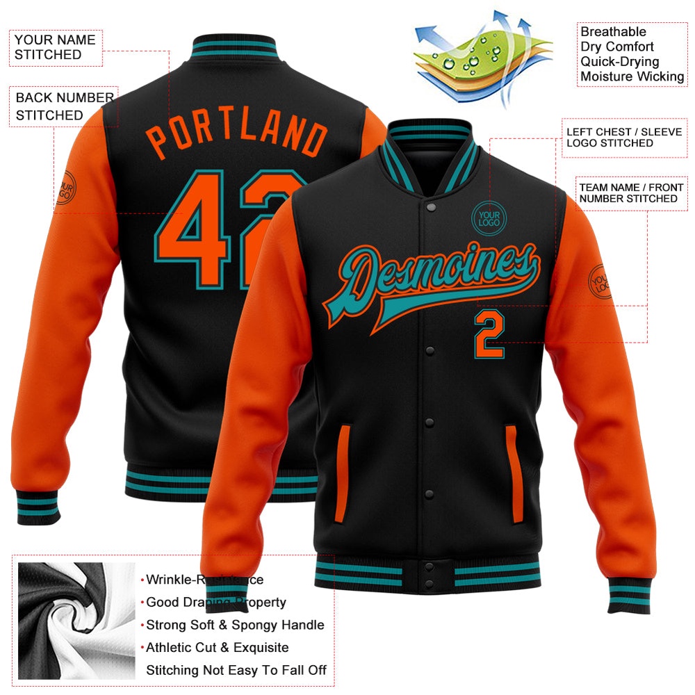 Custom Black Orange Teal Bomber Full Snap Varsity Baseball Jacket, Custom Team Jacket