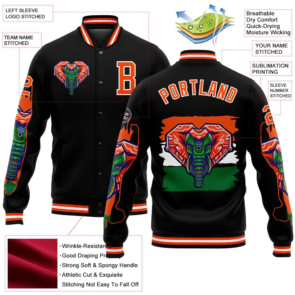 Custom Black Orange White Elephant 3D Pattern Design Bomber Full Snap Baseball Jacket, Custom Team Jacket