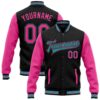 Custom Black Pink Flowers 3D Pattern Design Bomber Full Snap Baseball Jacket, Custom Team Jacket