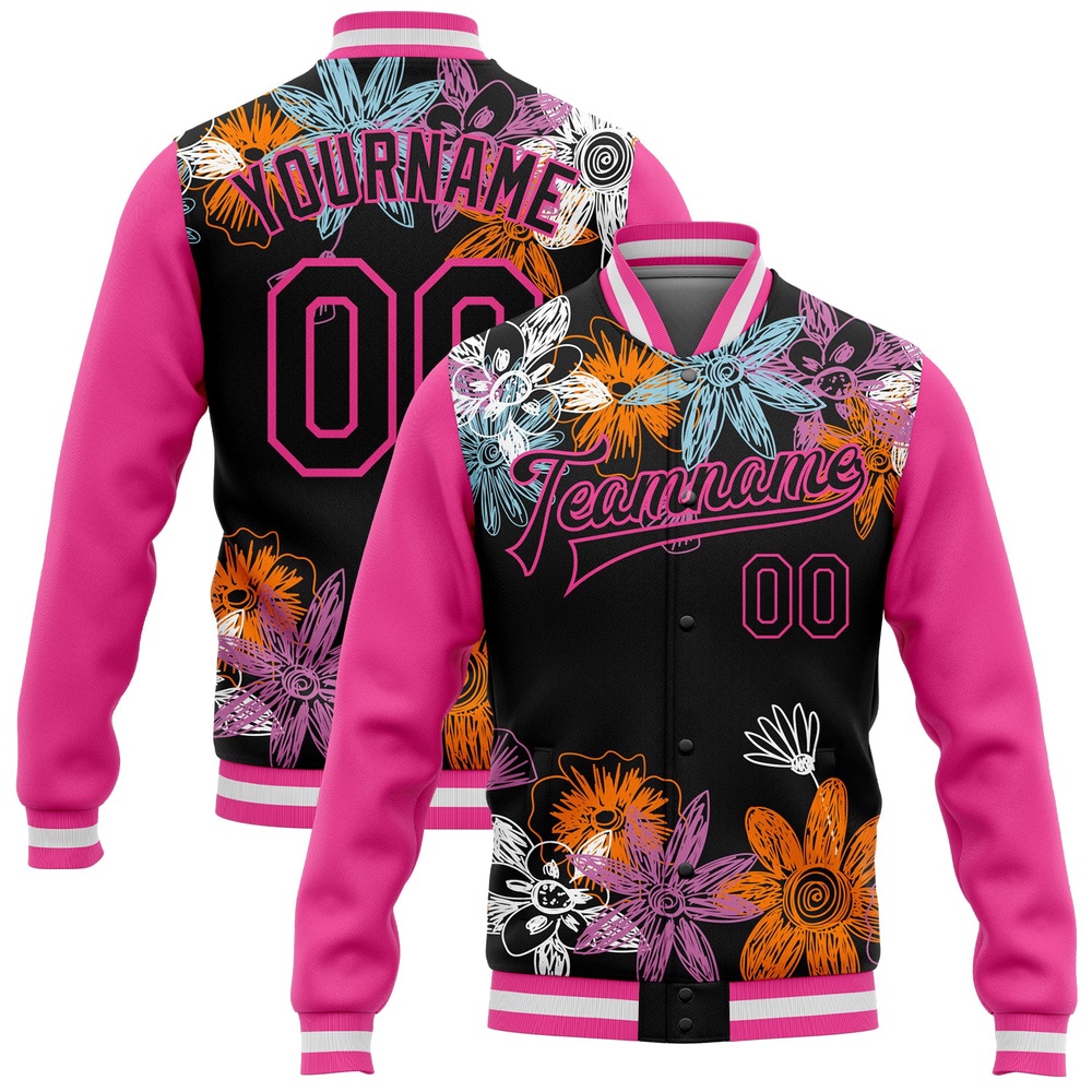 Custom Black Pink Flowers 3D Pattern Design Bomber Full Snap Baseball Jacket, Custom Team Jacket