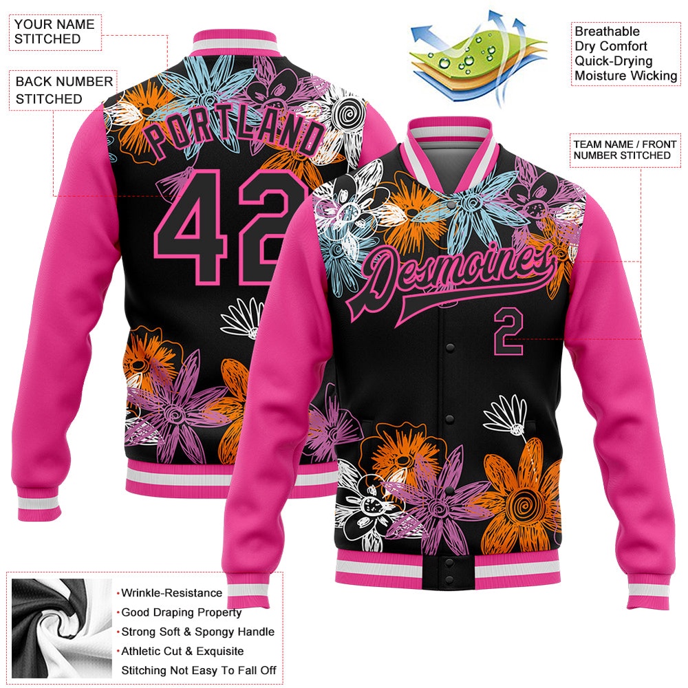 Custom Black Pink Flowers 3D Pattern Design Bomber Full Snap Baseball Jacket, Custom Team Jacket