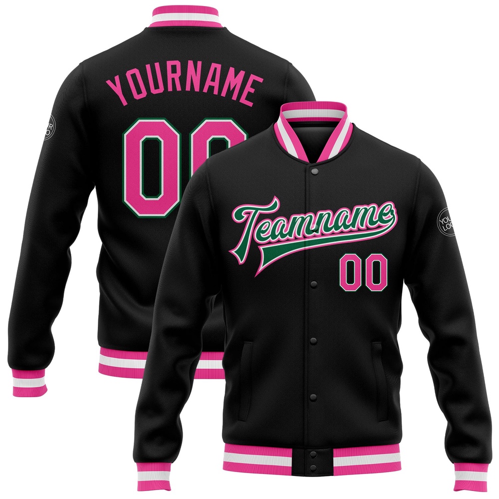Custom Black Pink Kelly Green Bomber Full Snap Baseball Jacket, Custom Team Jacket