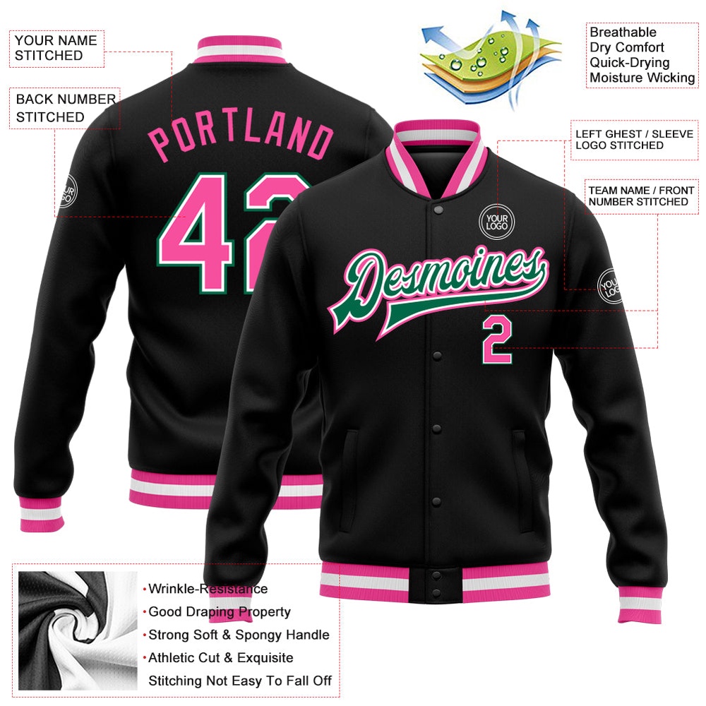 Custom Black Pink Kelly Green Bomber Full Snap Baseball Jacket, Custom Team Jacket